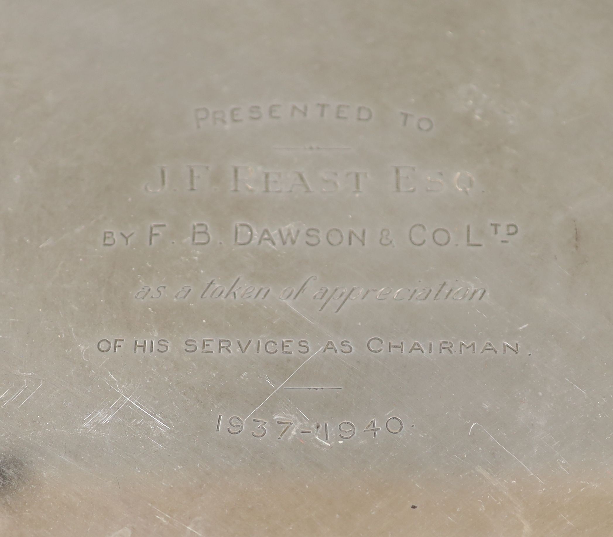 A George VI silver salver with engraved presentation inscription, Birmingham, 1939, 30.8cm, 27oz.